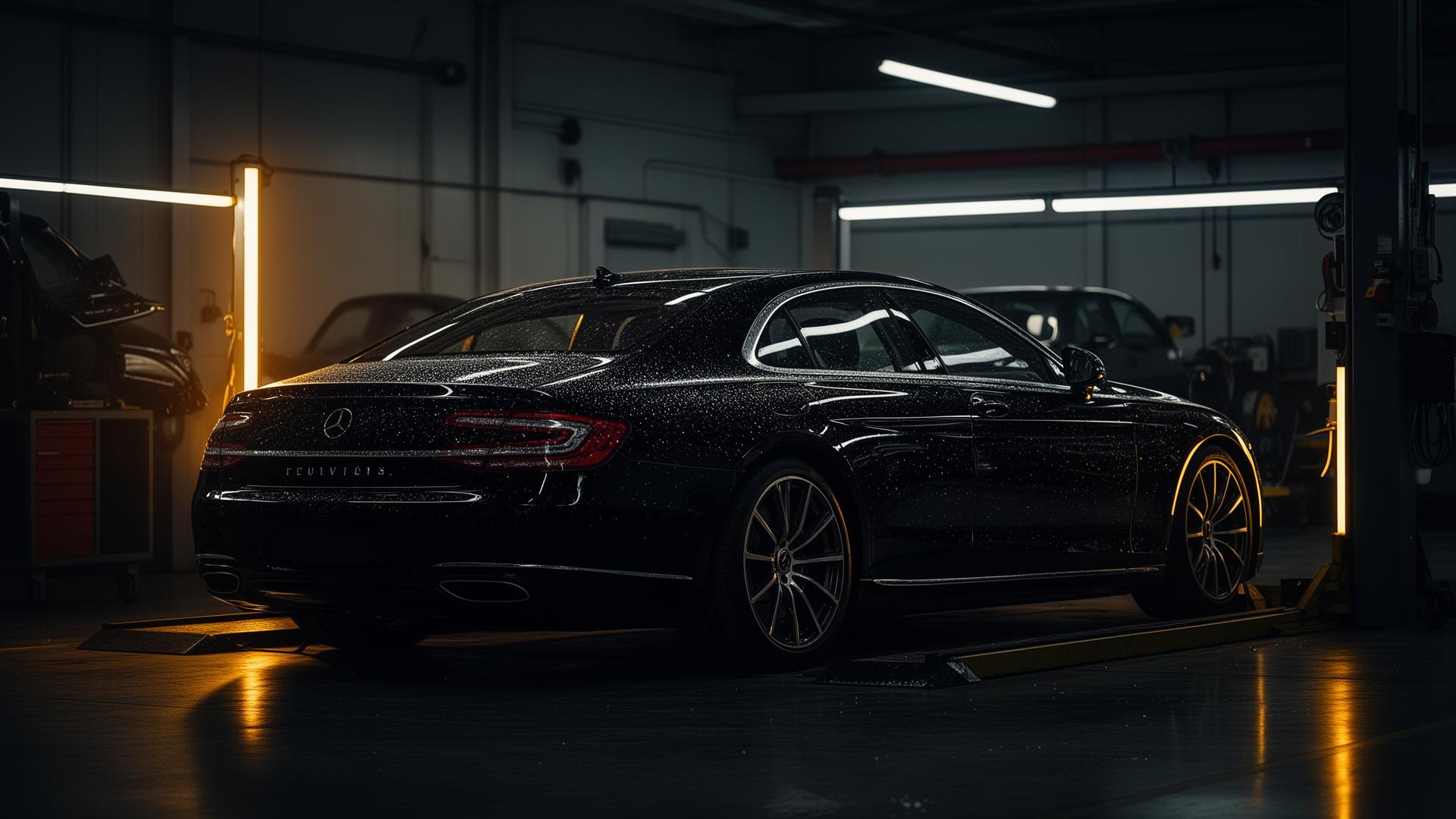Luxury vehicle in body shop